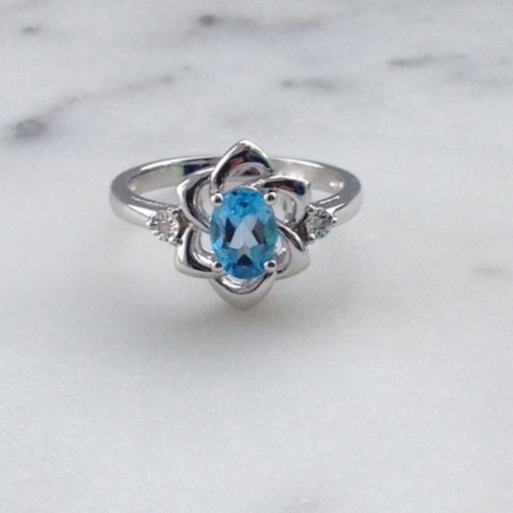 Genuine Diamond Blue Topaz Oval Cut Ring